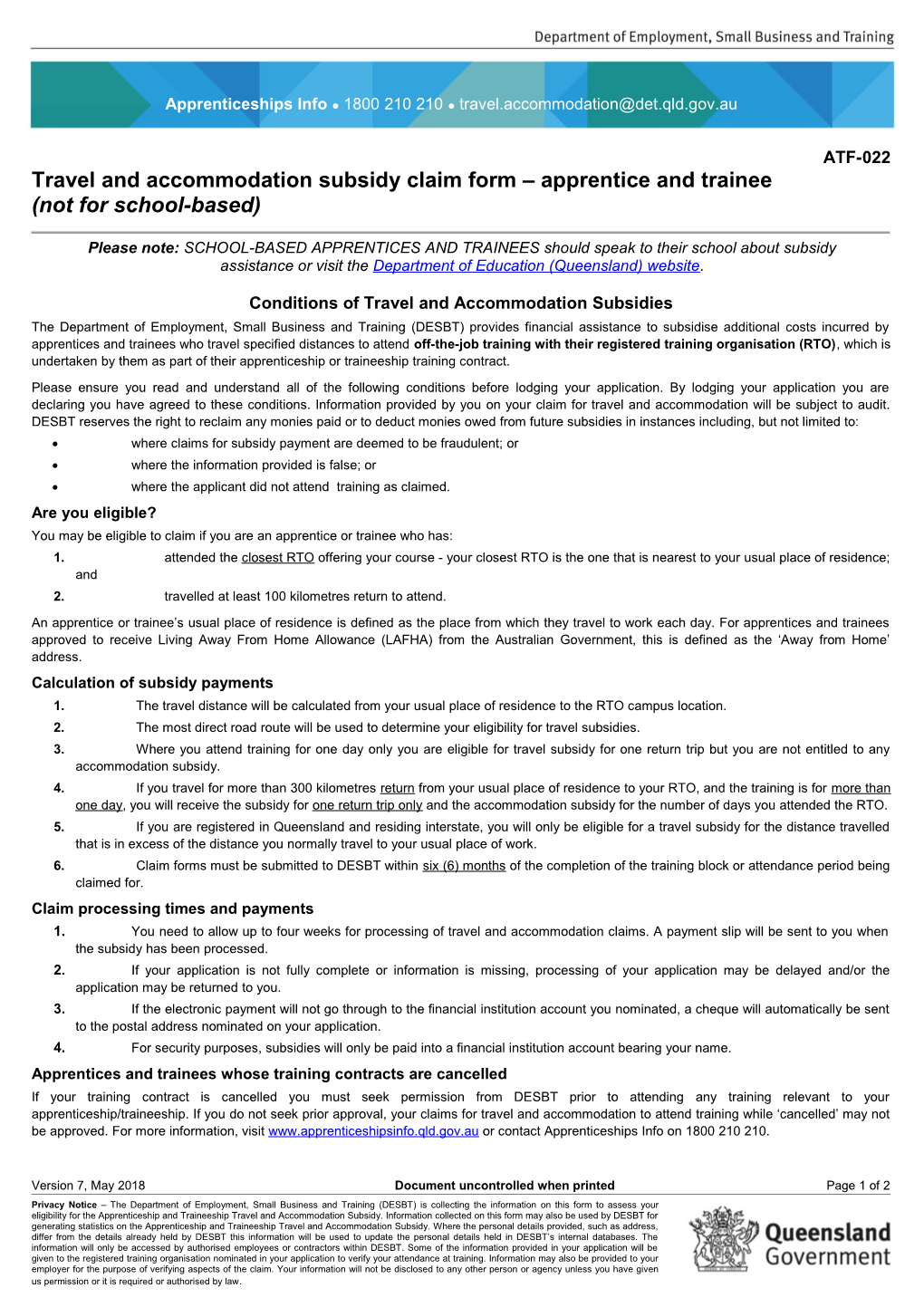 ATF-022 Travel and Accommodation Subsidy Claim Form - Apprentice Or Trainee