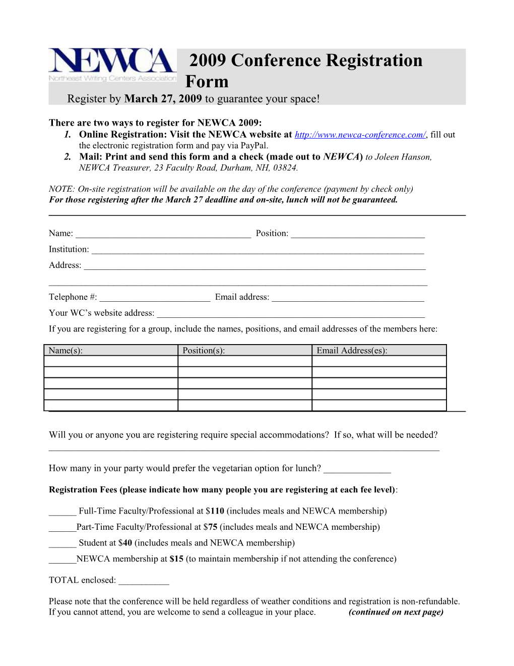 NEWCA Conference 2008 Registration Form Due by April 1, 2008