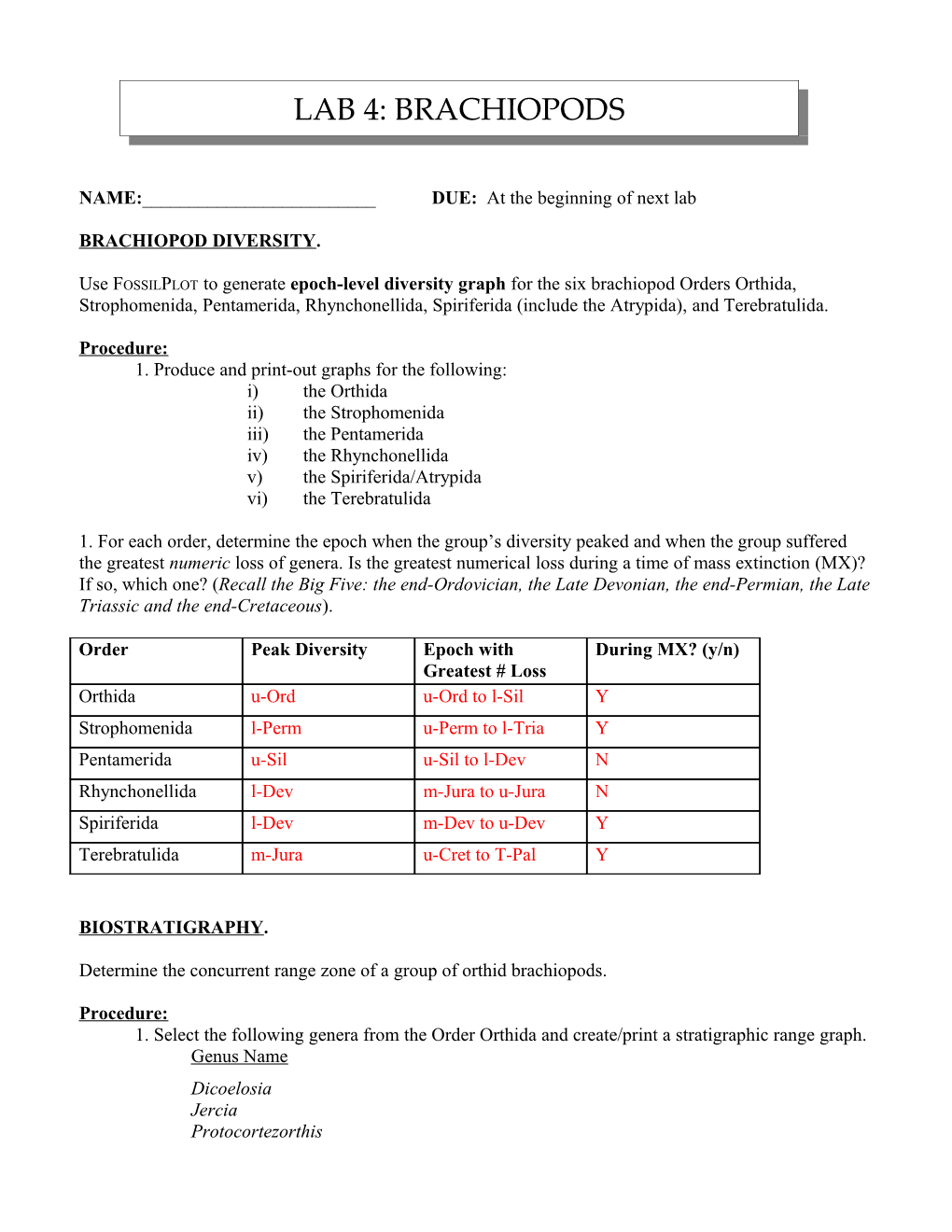 Paleontology (Geol 431): Laboratory 3