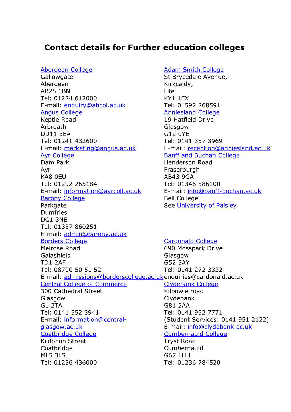 Contact Details for Further Education Colleges