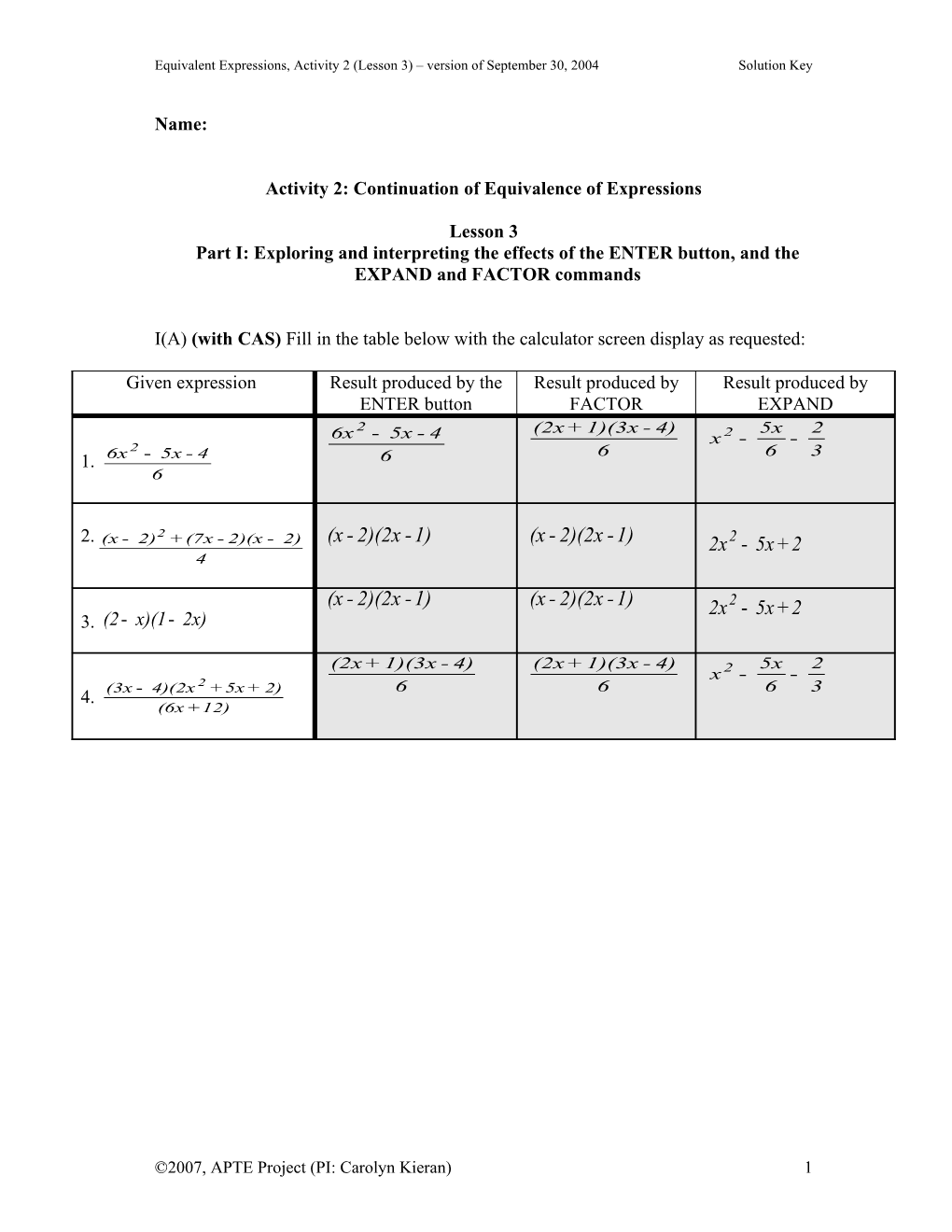 Activity 2: Continuation of Equivalence of Expressions