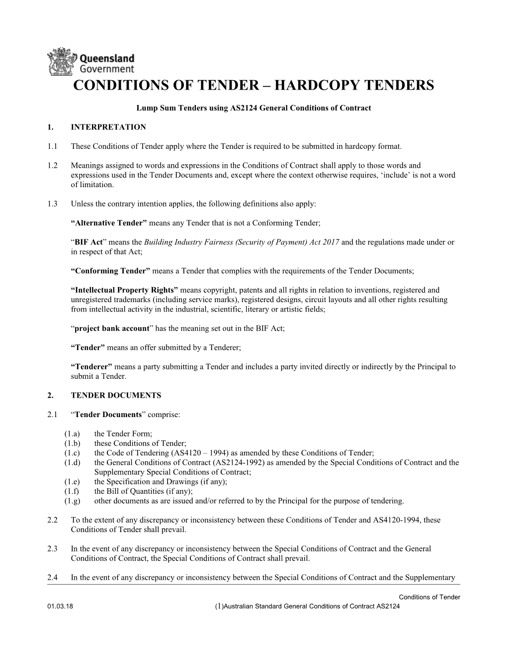 AS2124 Conditions of Tender