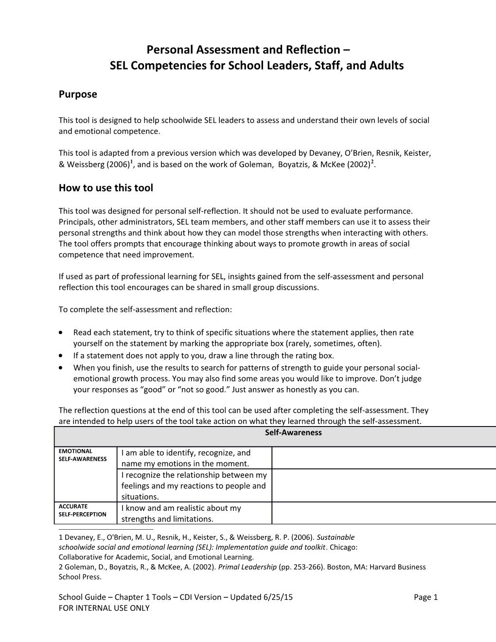 Personal Assessment and Reflection SEL Competencies for School Leaders, Staff, and Adults