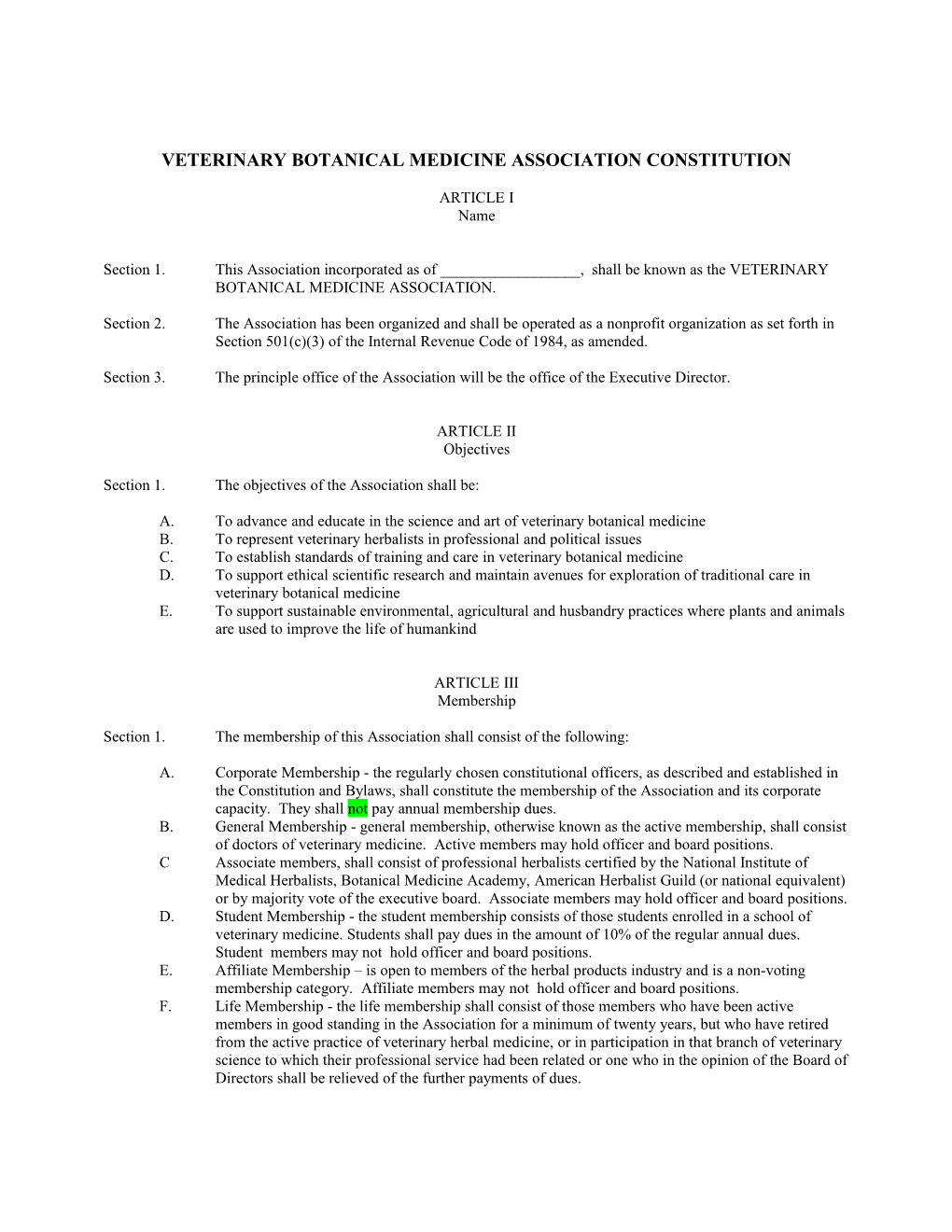 Veterinary Botanical Medicine Association Constitution