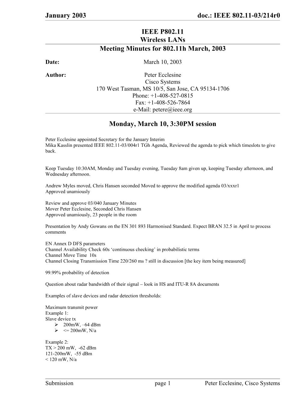 Meeting Minutes for 802.11H March, 2003