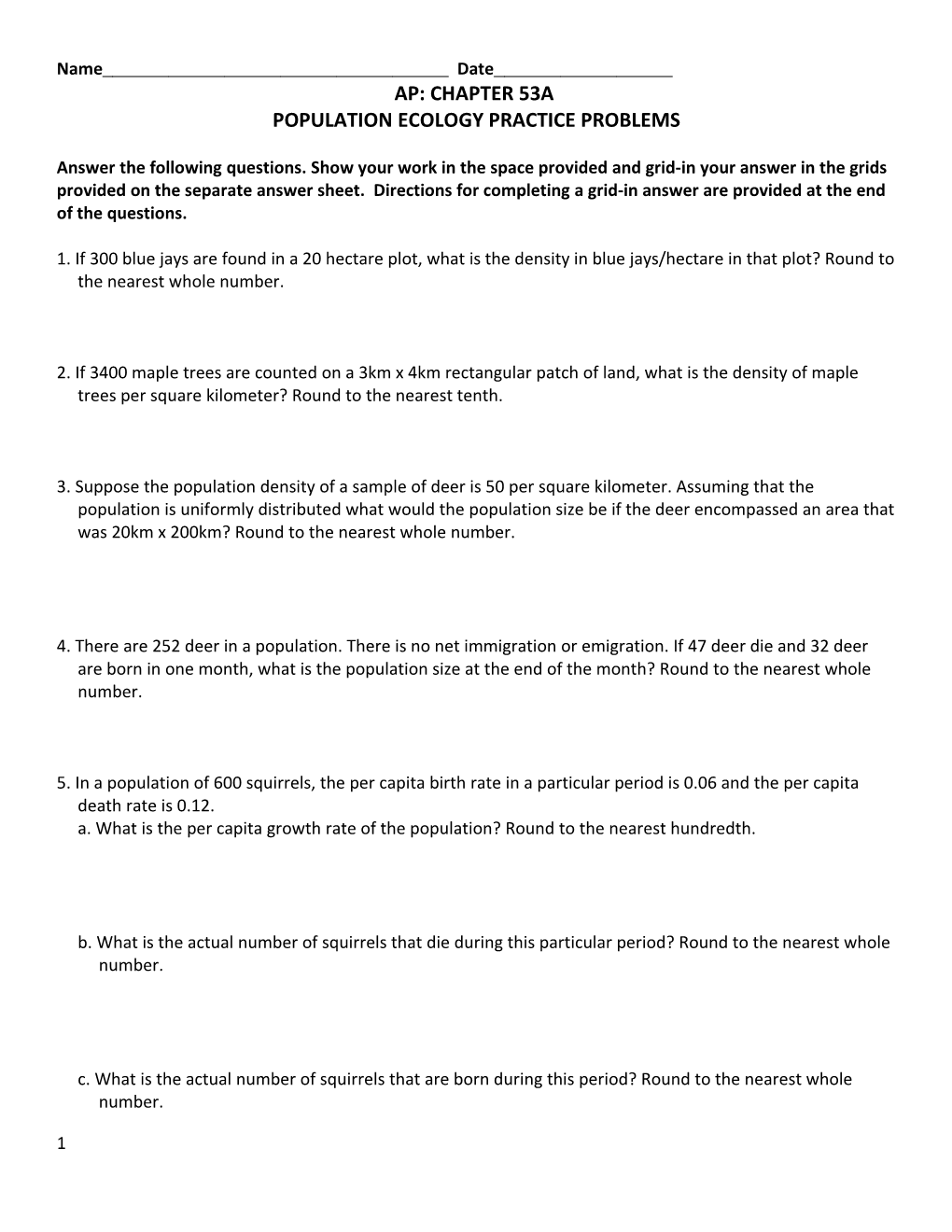 Population Ecology Practic E Problems