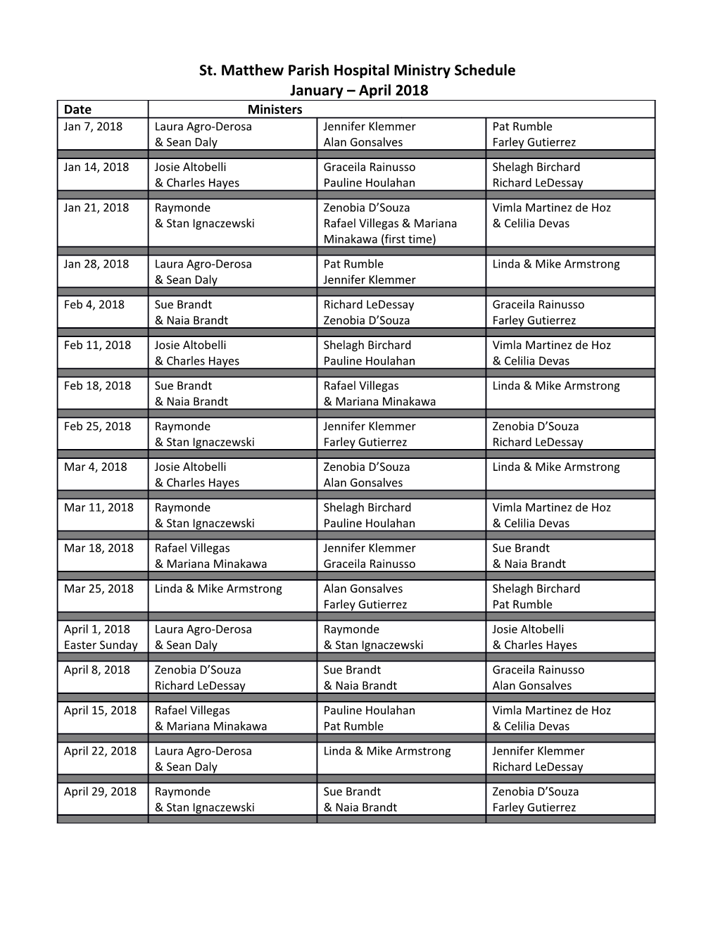 St. Matthew Parish Hospital Ministry Schedule