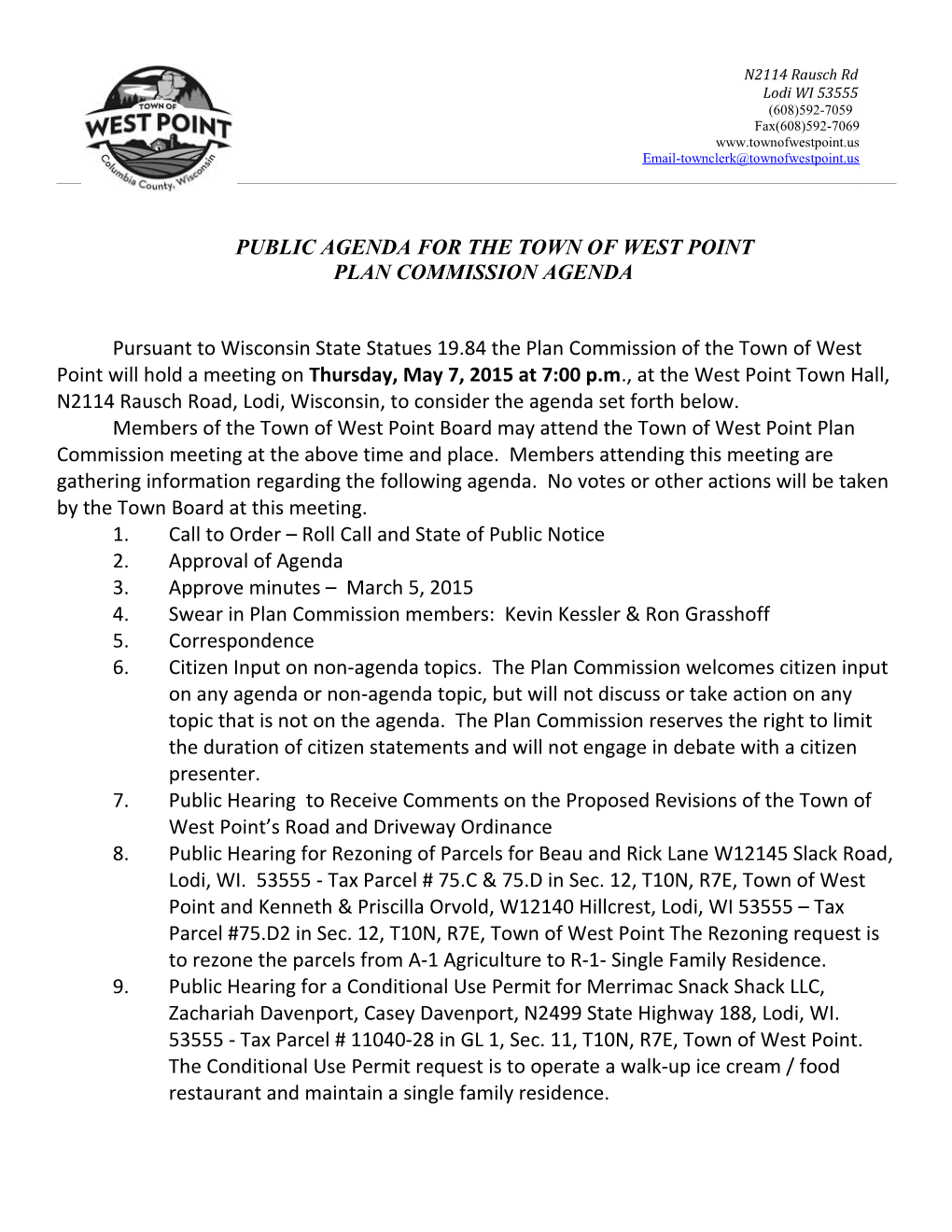 Public Agenda for the Town of West Point