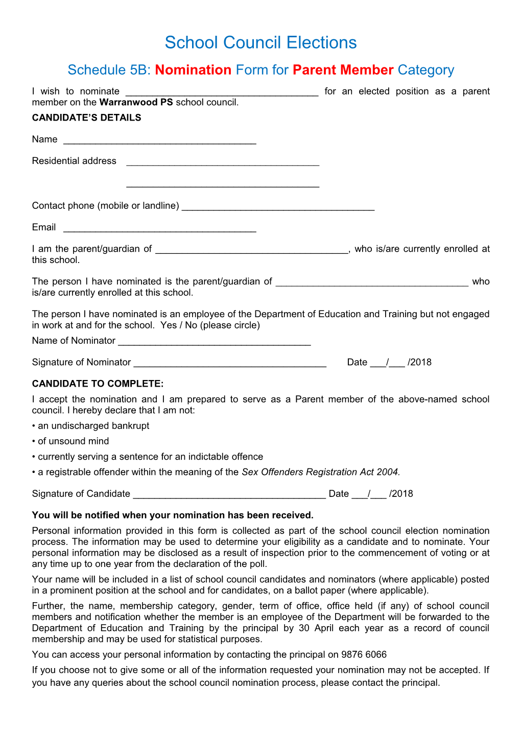 Schedule 5B: Nominationform for Parent Member Category