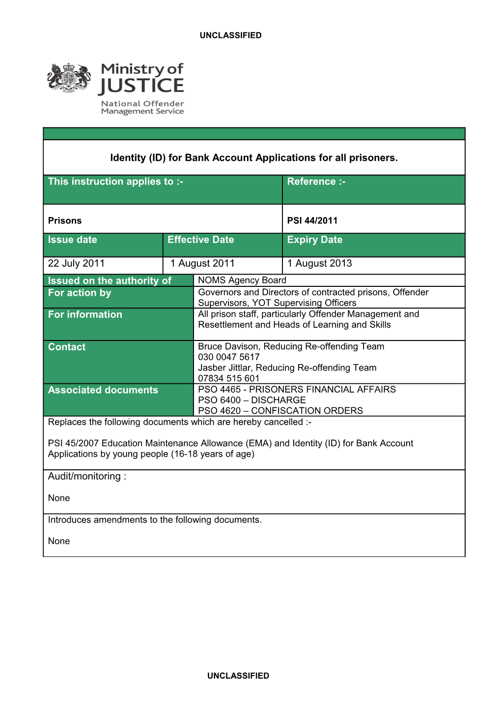 Prison Service Instruction - Identity (ID) for Bank Account Applications for All Prisoners