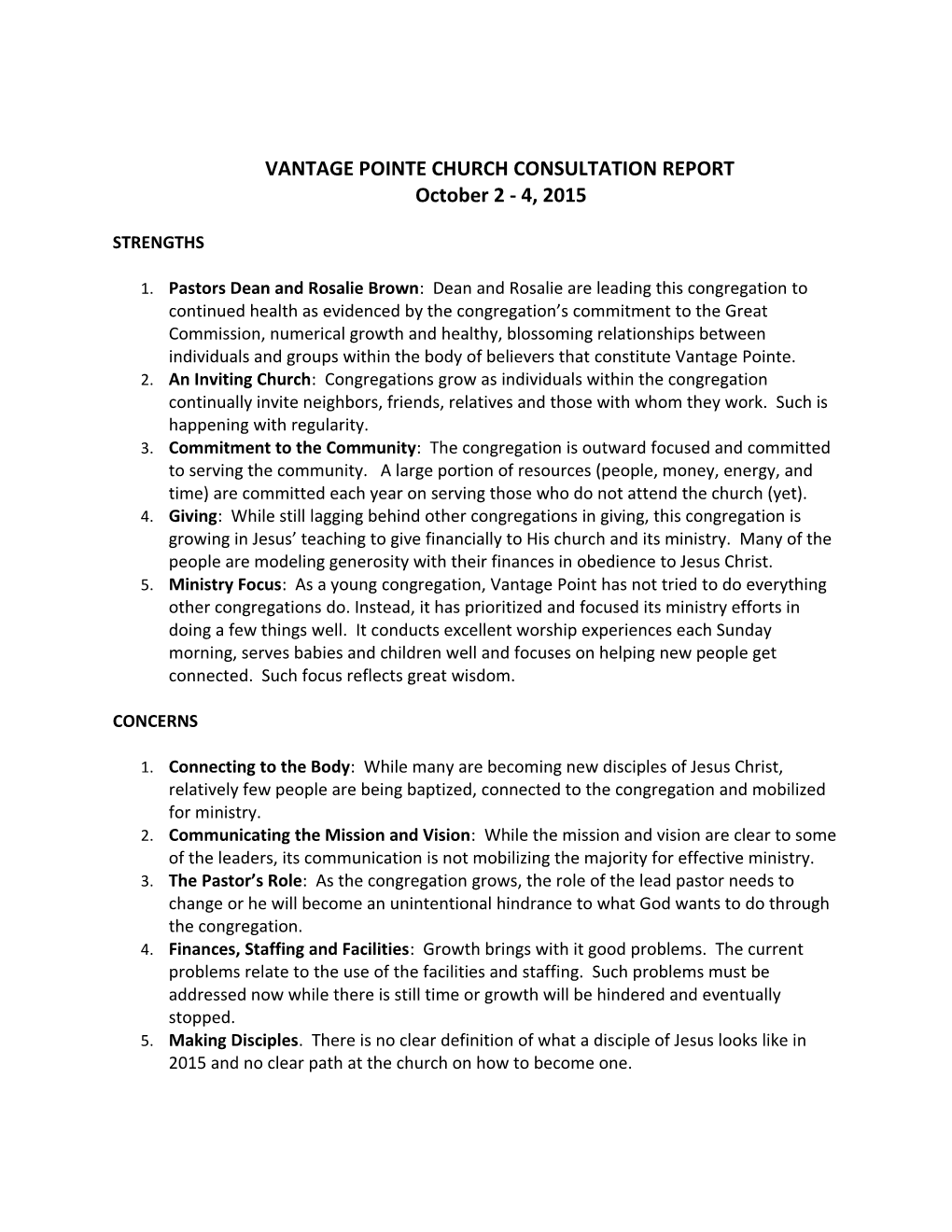Vantage Pointe Church Consultation Report