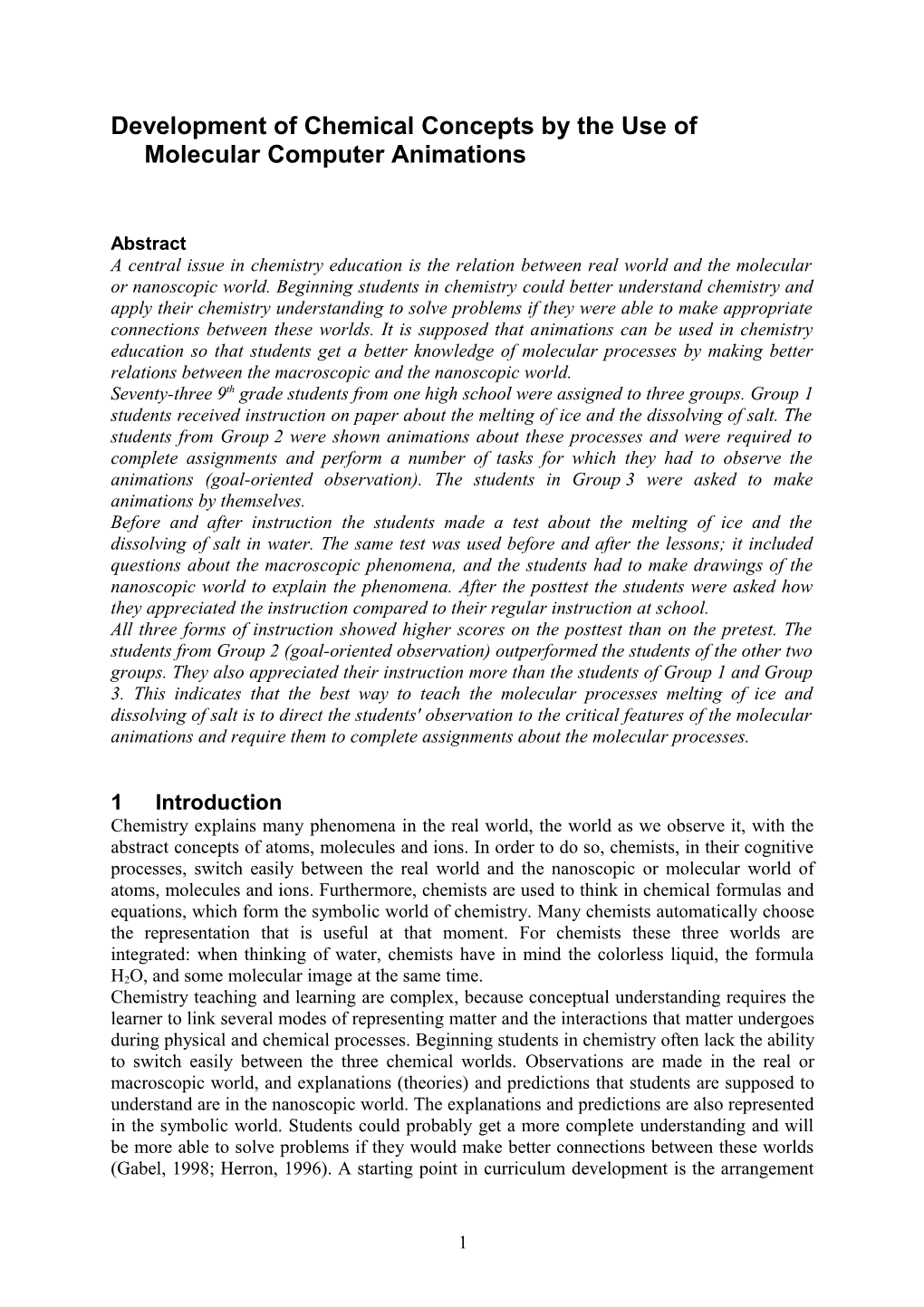 Development of Chemical Concepts by the Use of Molecular Computer Animations