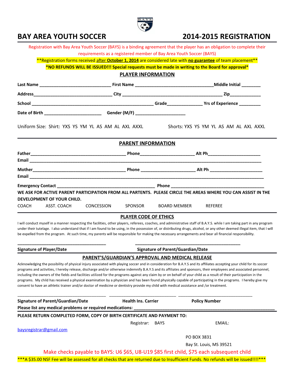 Bay Area Youth Soccer 2014-2015 Registration