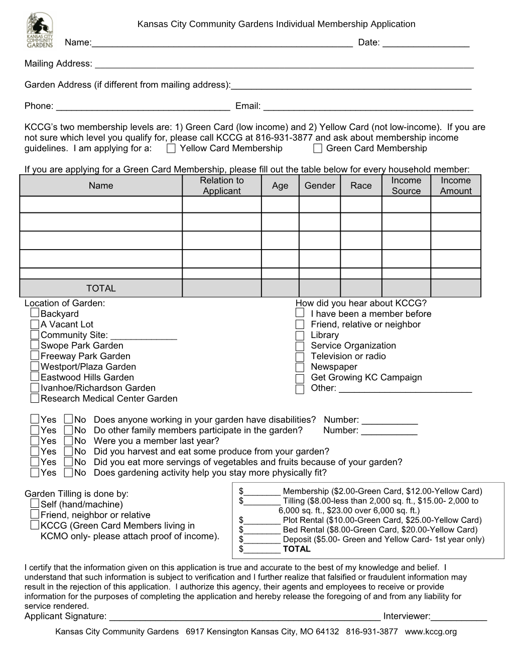 Kansas City Community Gardens Individual Membership Application