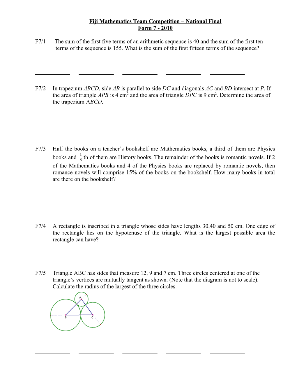 Fiji Mathematics Team Competition National Final