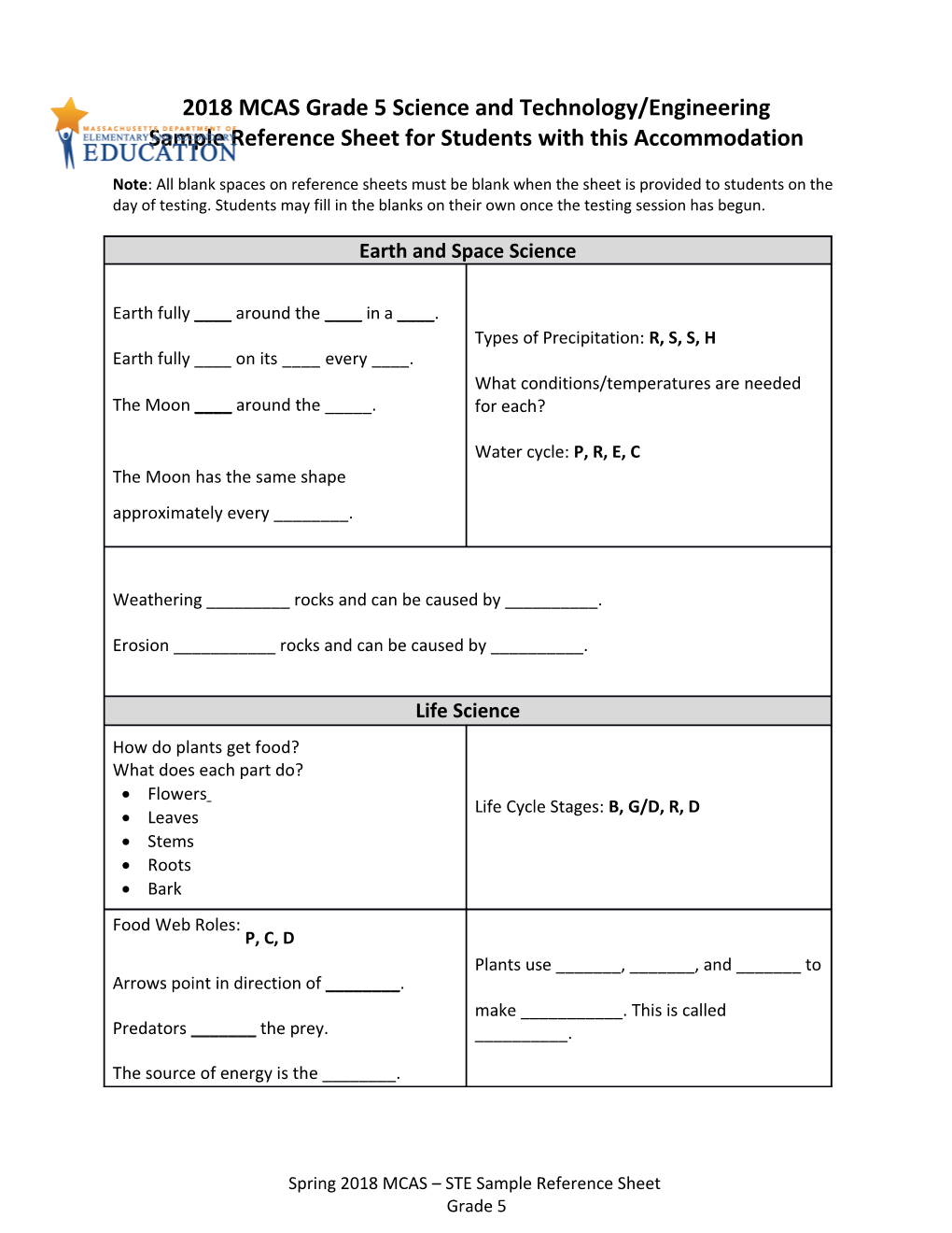 Sample Grade 5 MCAS 2018 Science Reference Sheet for Use with Accomodation 20