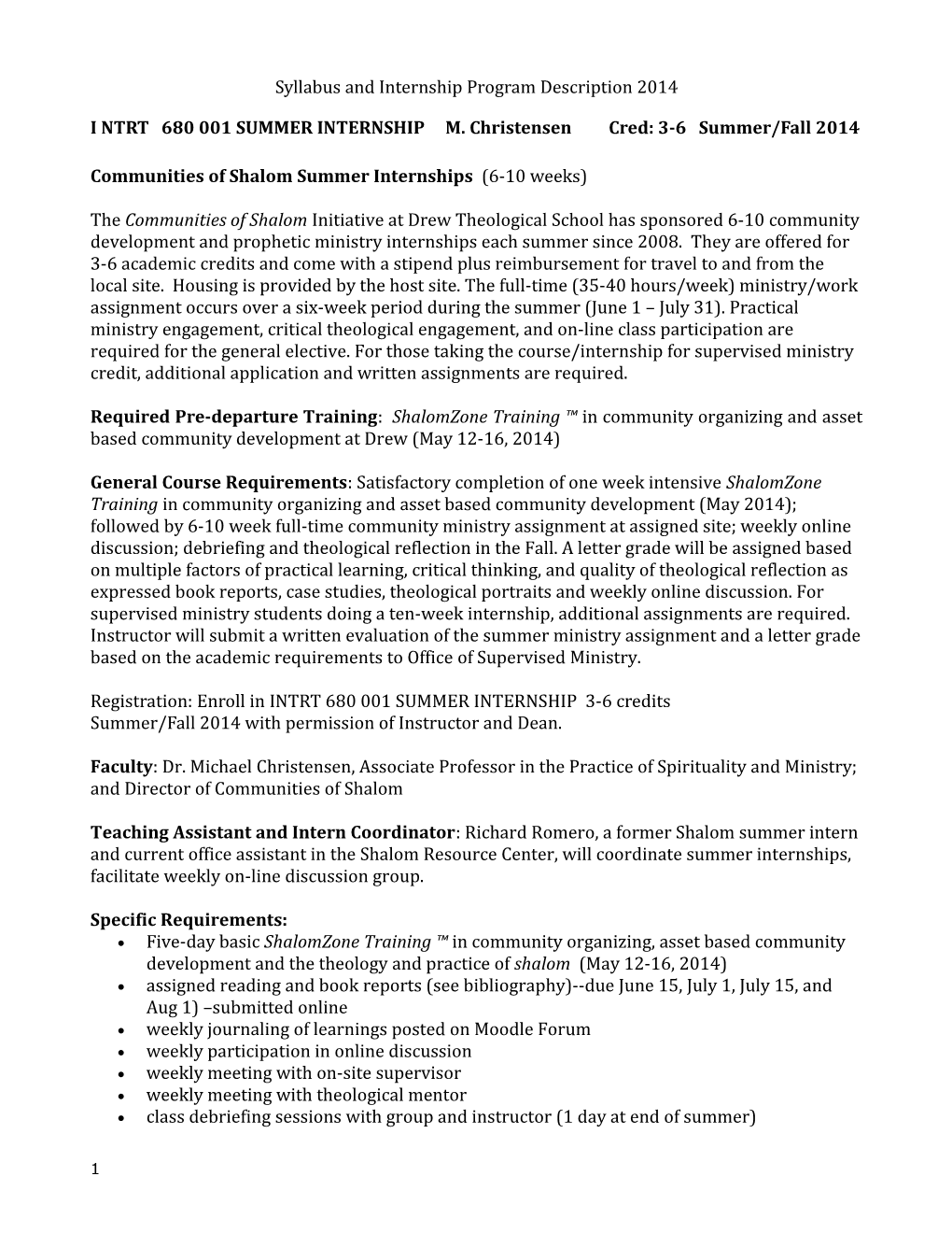 Syllabus and Internship Program Description 2014