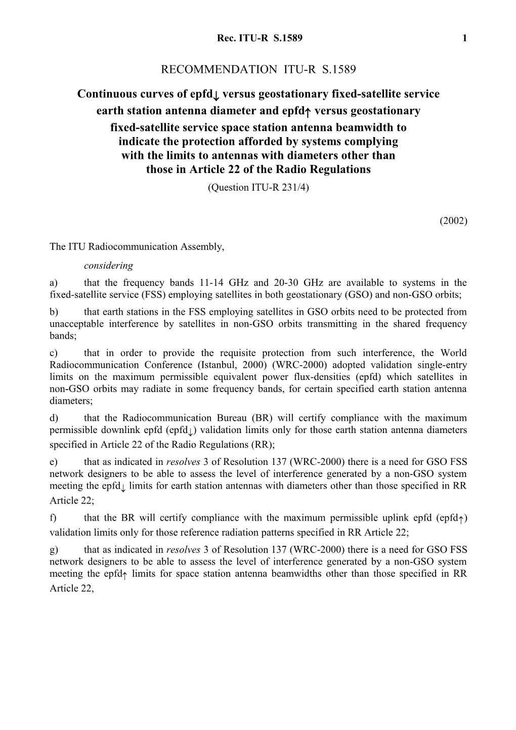 RECOMMENDATION ITU-R S.1589 - Continuous Curves of Epfd( Versus Geostationary Fixed-Satellite