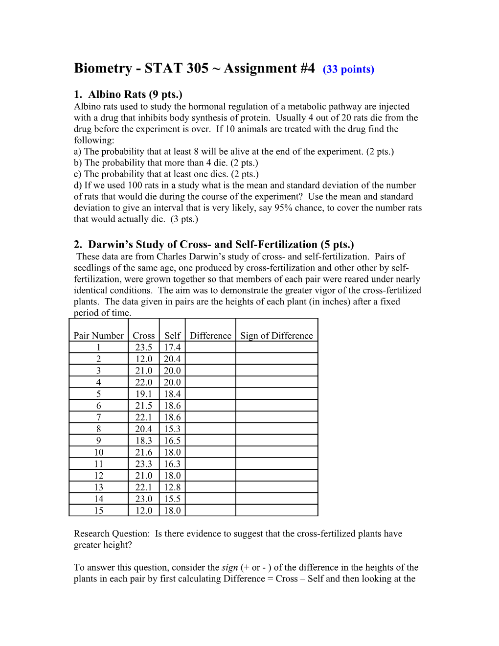 Biometry - STAT 305 Assignment #4 (33 Points)