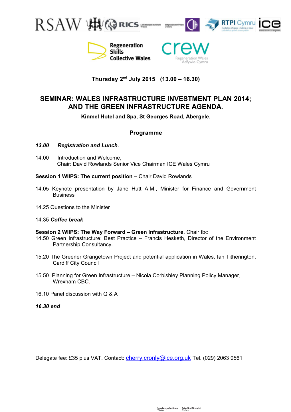 Seminar: Wales Infrastructure Investment Plan 2014; and the Green Infrastructure Agenda