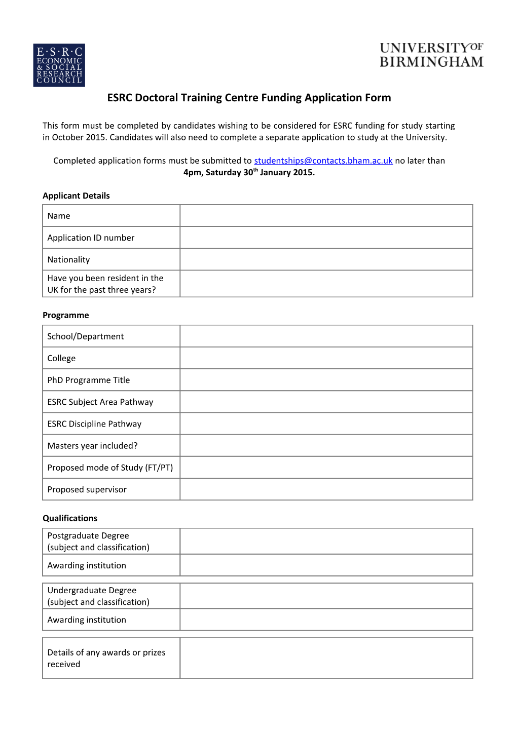 ESRC Doctoral Training Centre Funding Application Form