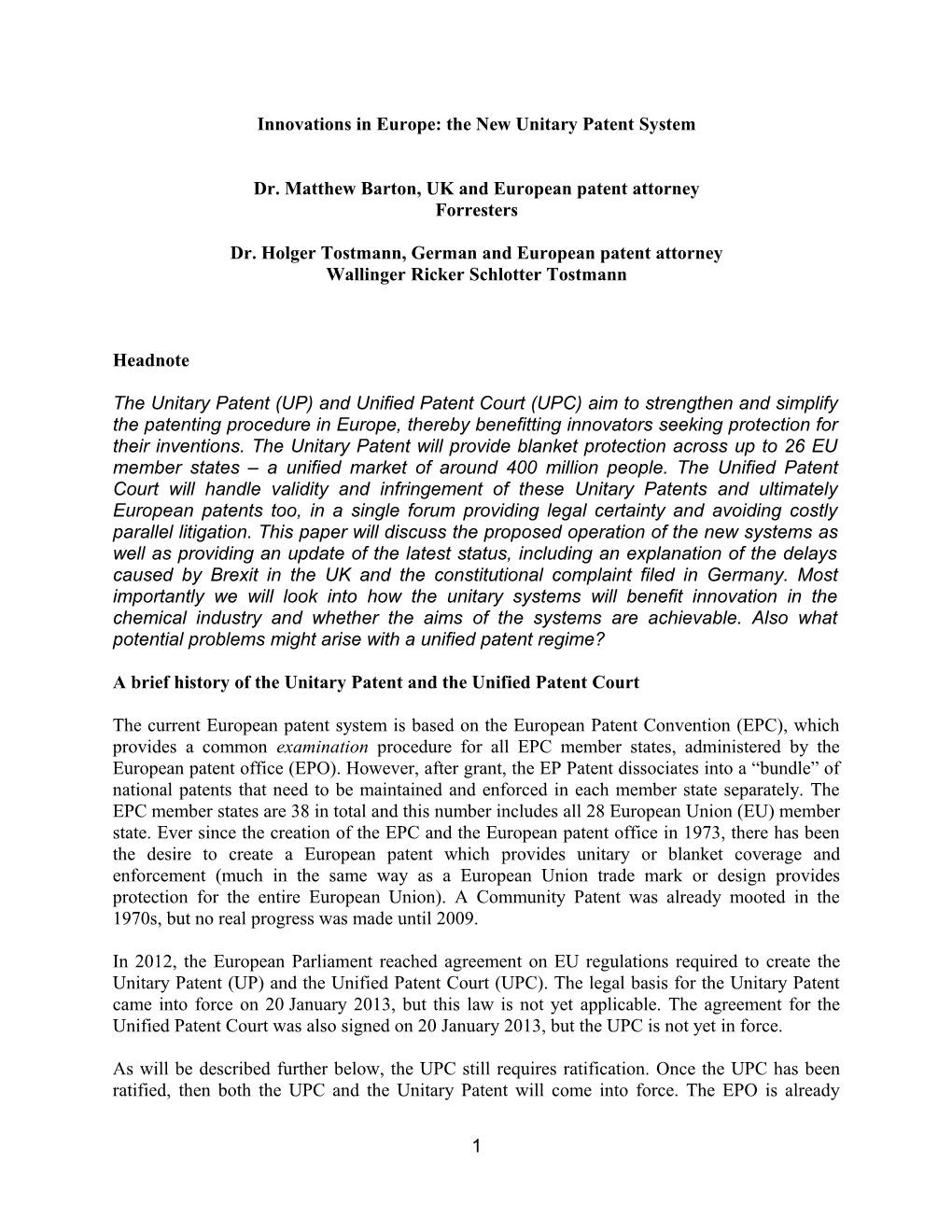 2018 Midwinter Chemical Practice Committee Paper & Bio Matt & Holger (00052925;1)