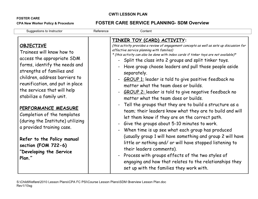 CPA New Worker Policy & Procedure FOSTER CARE SERVICE PLANNING- SDM Overview