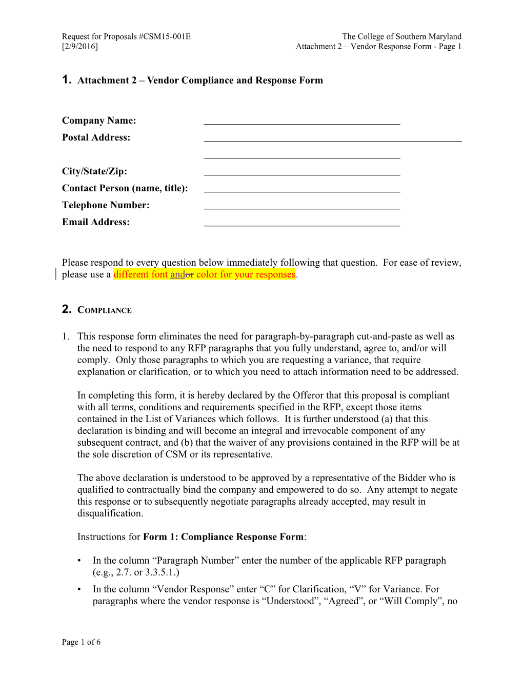 Attachment2 Vendor Compliance and Response Form