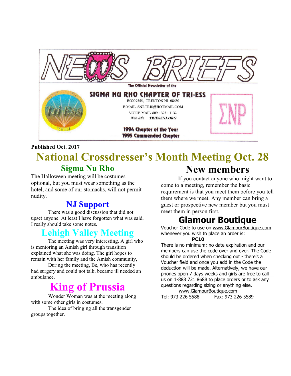 National Crossdresser S Month Meeting Oct. 28