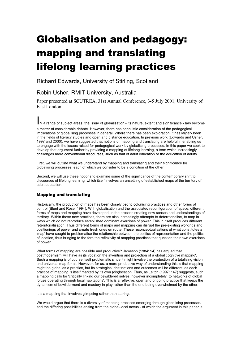 Globalisation and Pedagogy: Mapping and Translating Lifelong Learning Practices