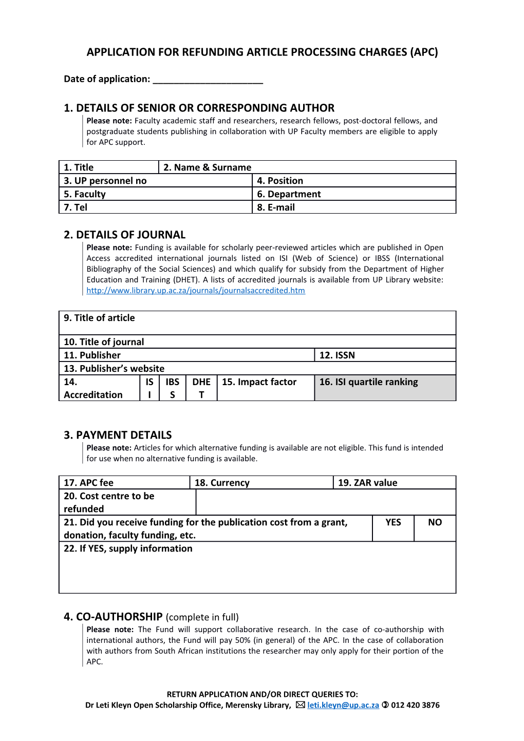 Application for Refunding Article Processing Charges (Apc)