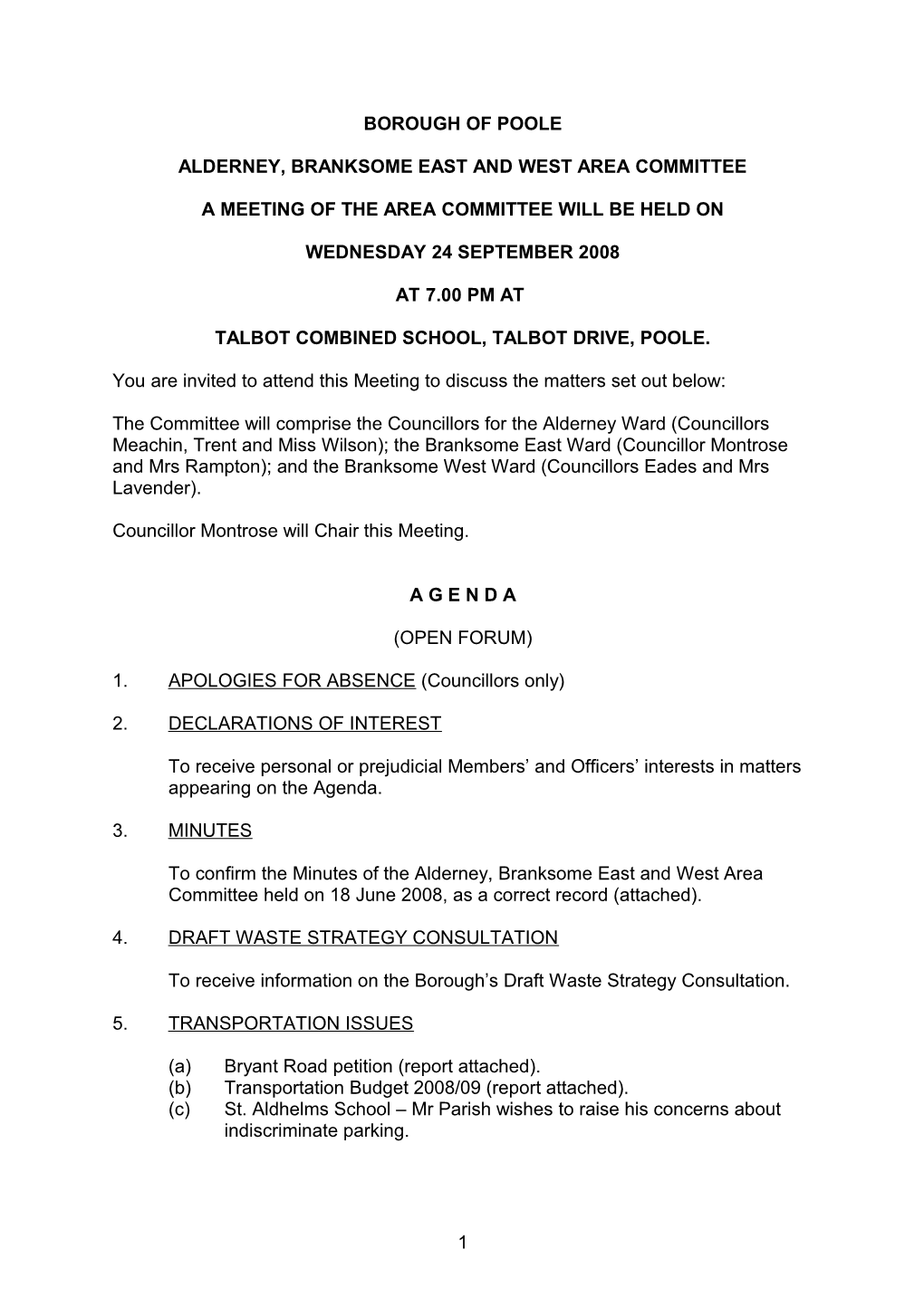 Agenda - Alderney, Branksome East and West Area Committee - 24 September 2008