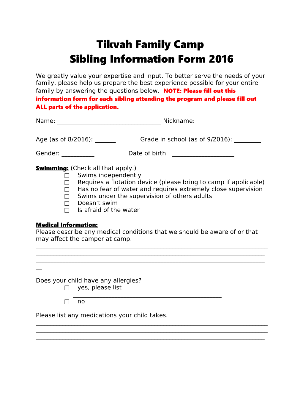 Tikvah Family Camp Sibling Information Form