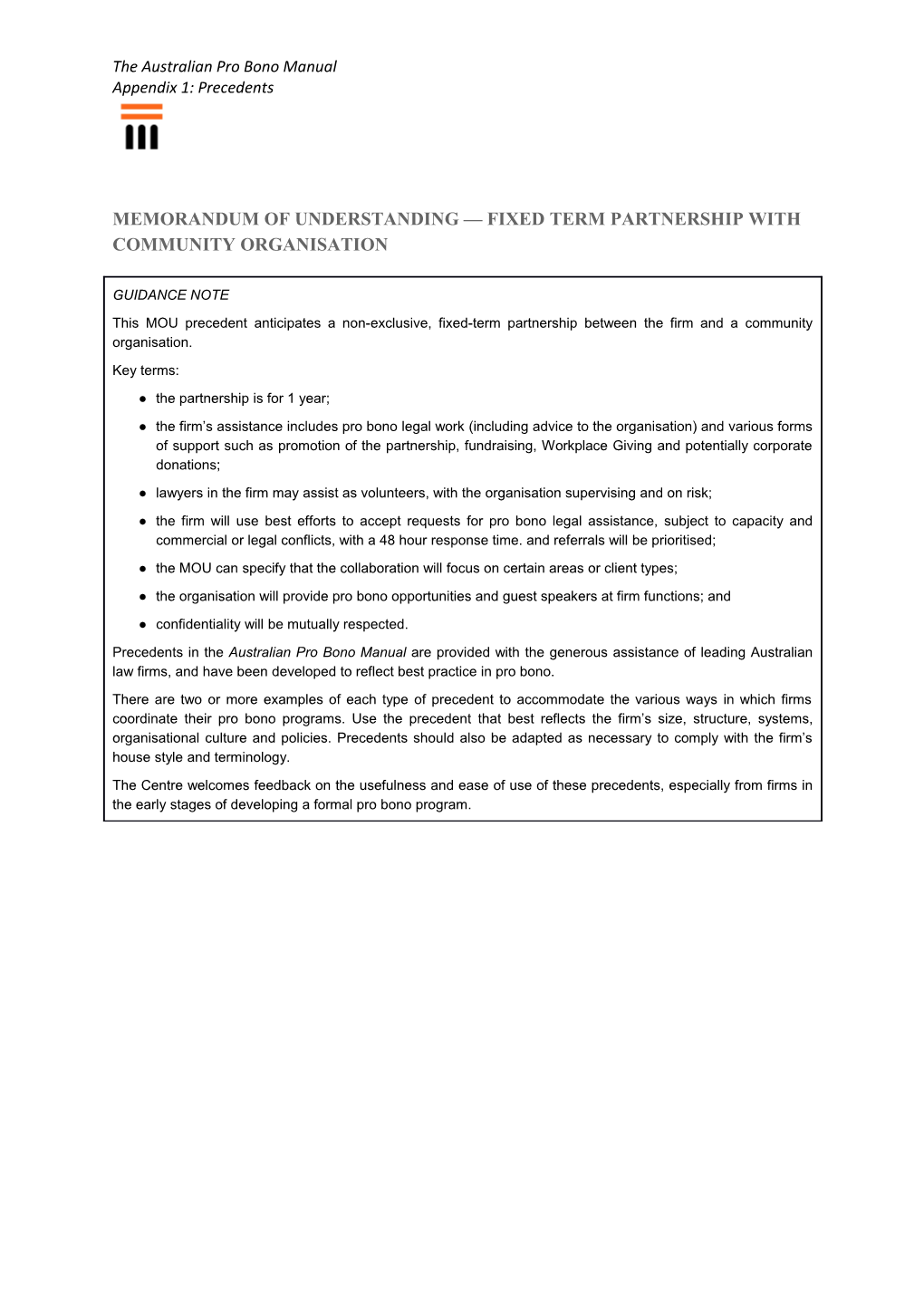 Memorandum of Understanding Fixed Term Partnership with Community Organisation