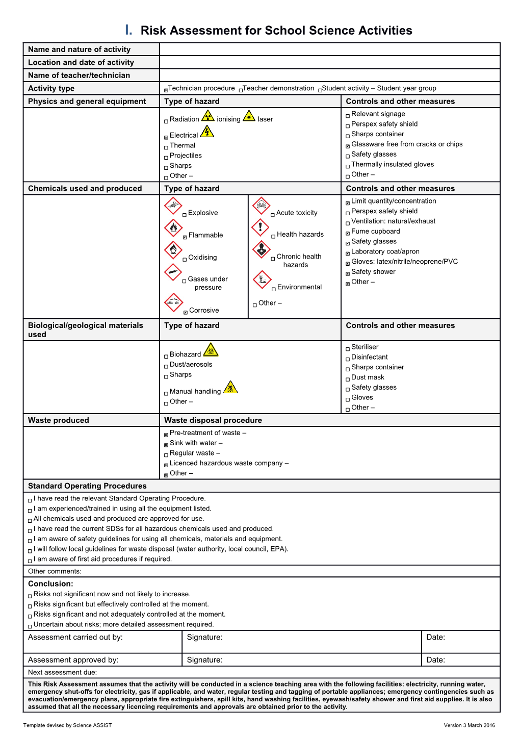 Risk Assessment for School Science Activities