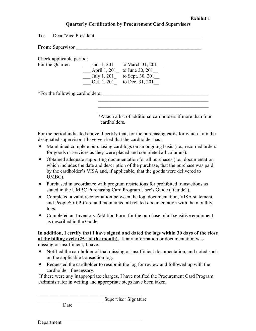 Quarterly Certification by Procurement Card Supervisors