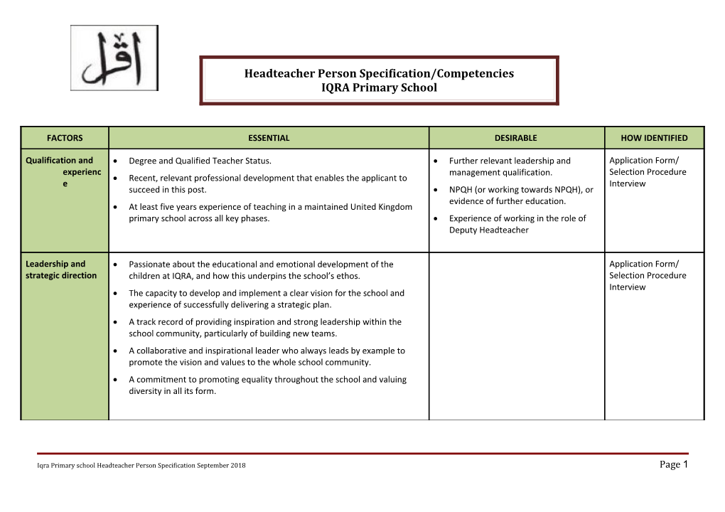 Headteacher Person Specification