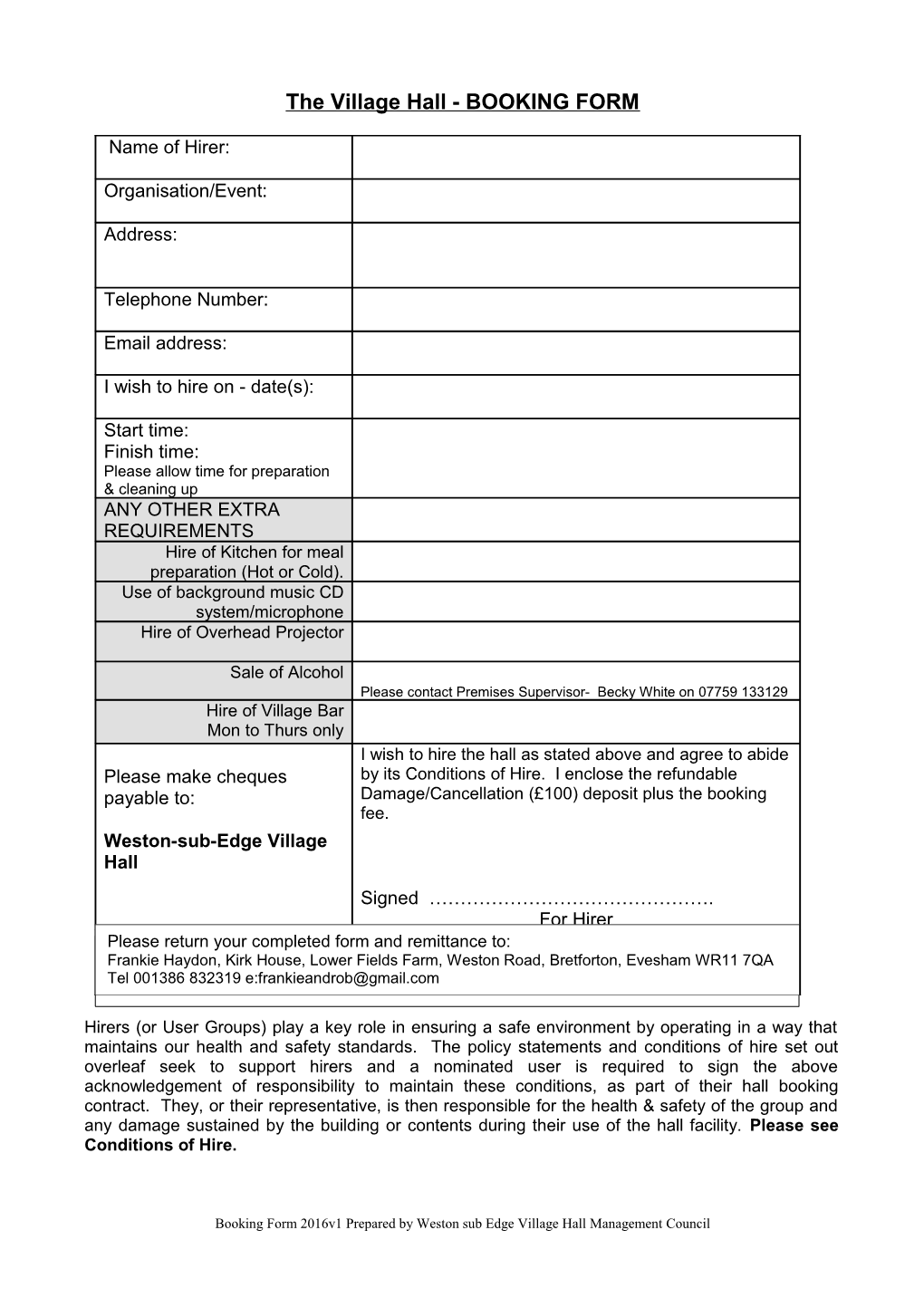 The Hall of Friendship - BOOKING FORM