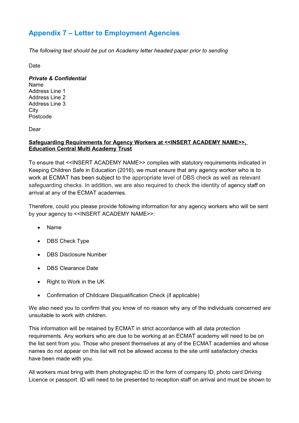 Appendix 7 Letter to Employment Agencies