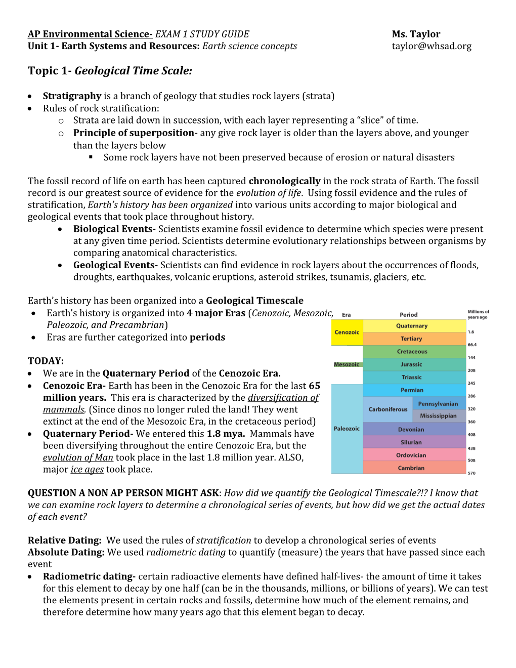 AP Environmental Science- EXAM 1 STUDY Guidems. Taylor