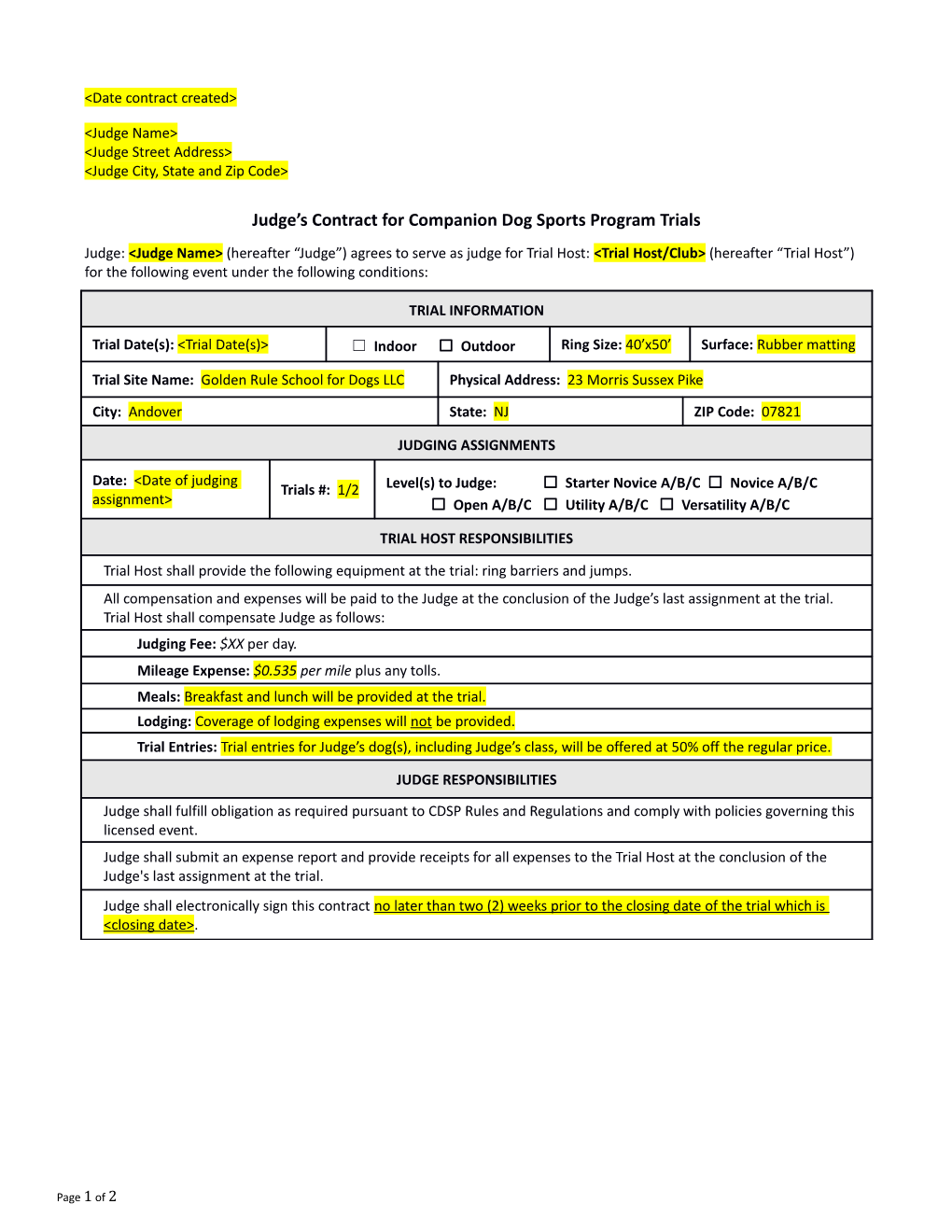 Judge S Contract for Companion Dog Sports Program Trials