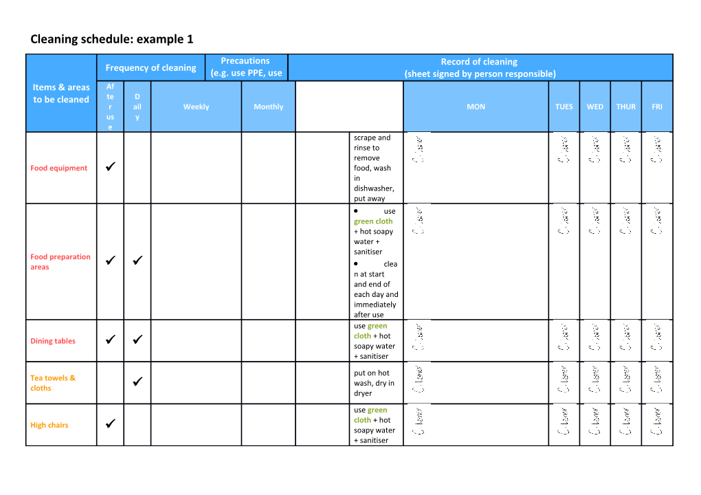 Cleaning Schedule: Example 1