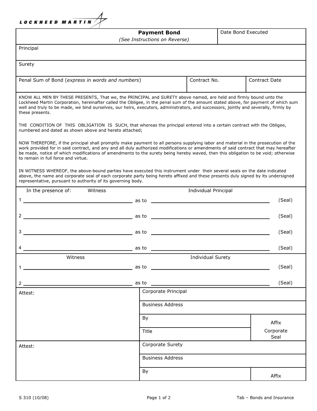 S 310 (10/08)Page 1 of 2Tab Bonds and Insurance