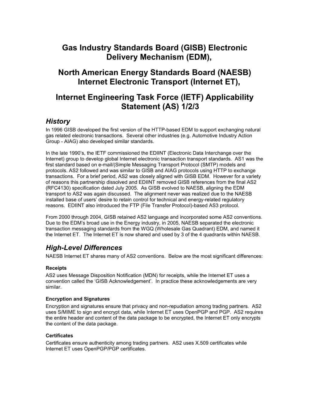 Technical Comparison of EDIINT AS2 and GISB EDM