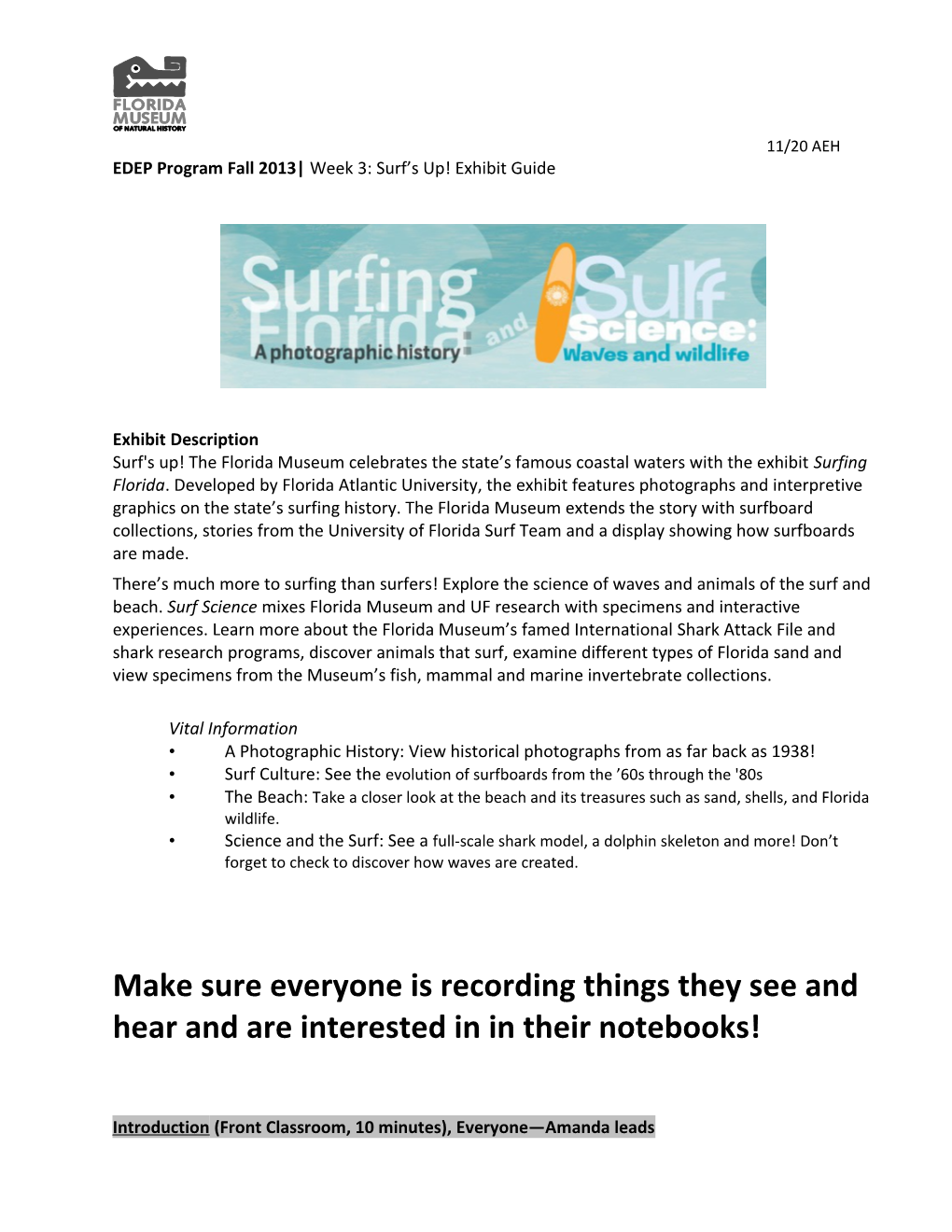 EDEP Program Fall 2013 Week 3: Surf S Up! Exhibit Guide