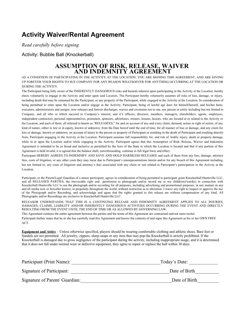 Activity Waiver/Rental Agreement