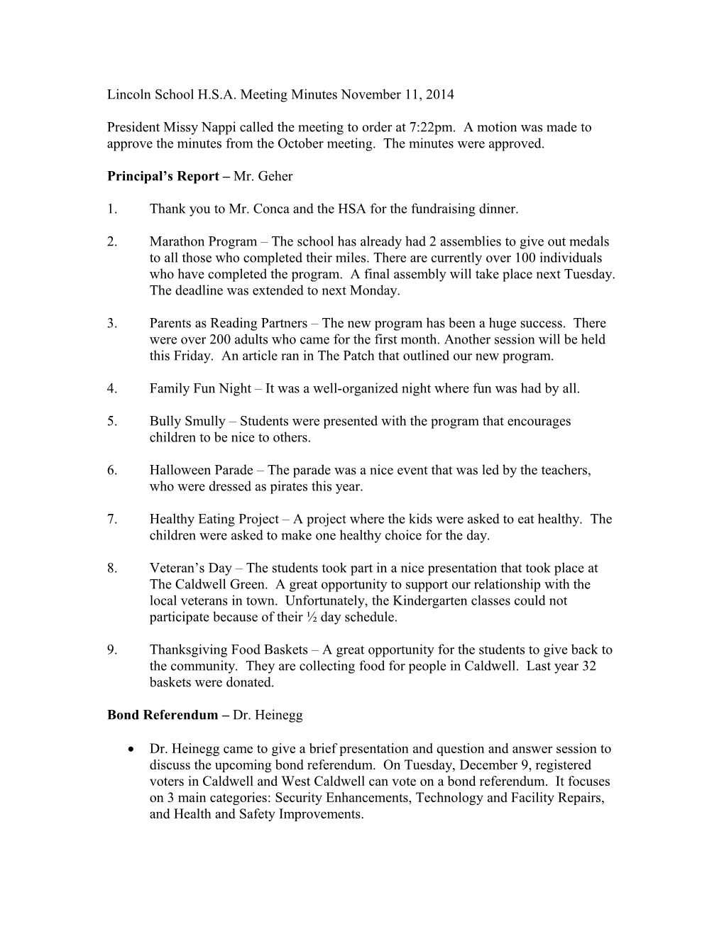 Lincoln School H.S.A. Meeting Minutes November 11, 2014