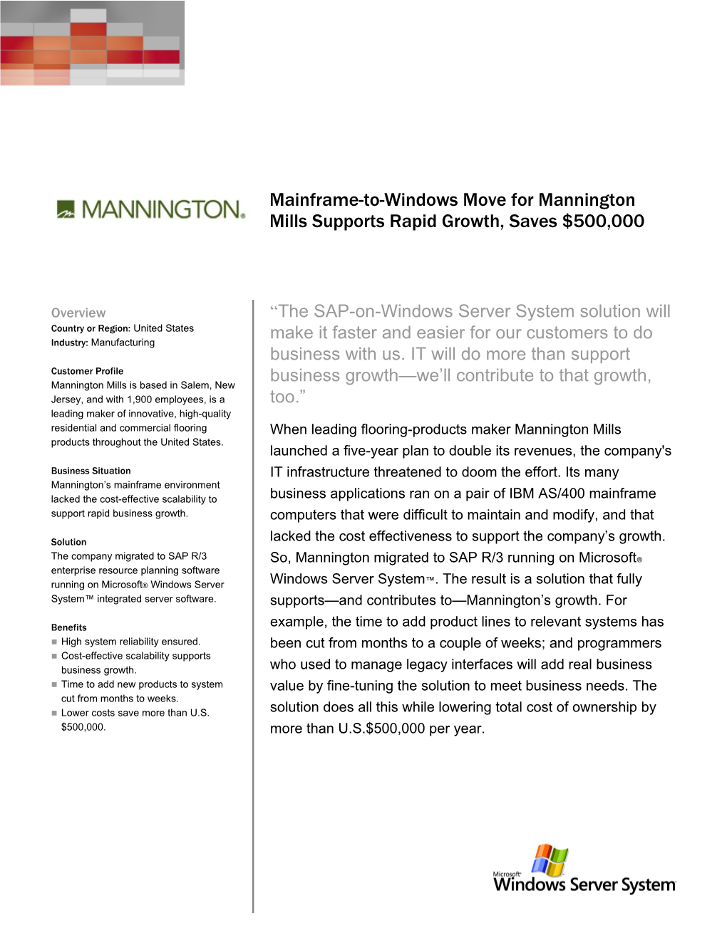 Mainframe-To-Windows Move for Mannington Mills Supports Rapid Growth, Saves $500,000