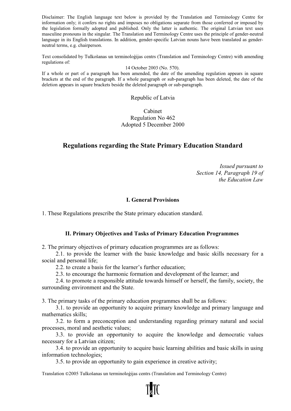 Regulations Regarding the State Primary Education Standard