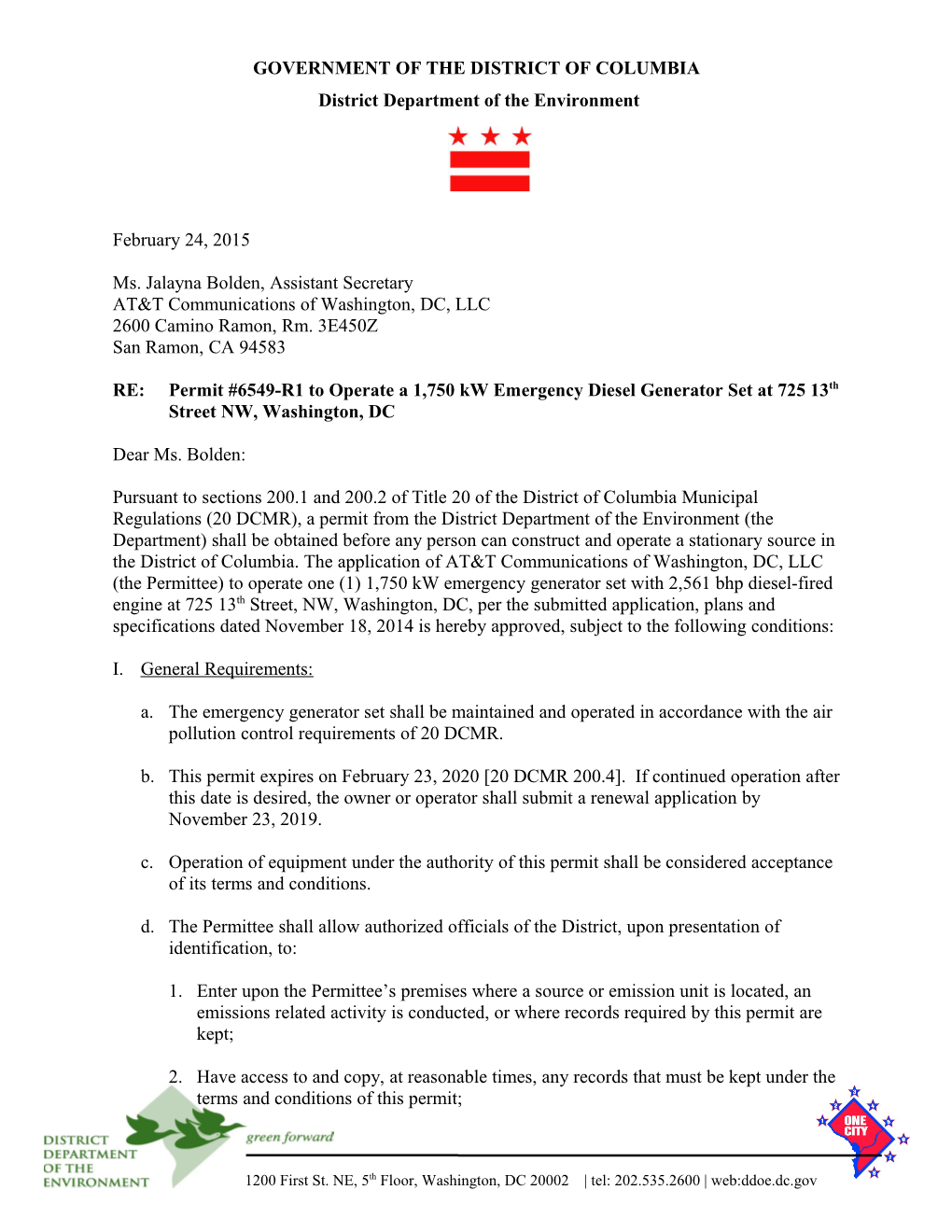 Permit #6549-R1 to Operate One 1,750 Kw Emergency Diesel Generator Set